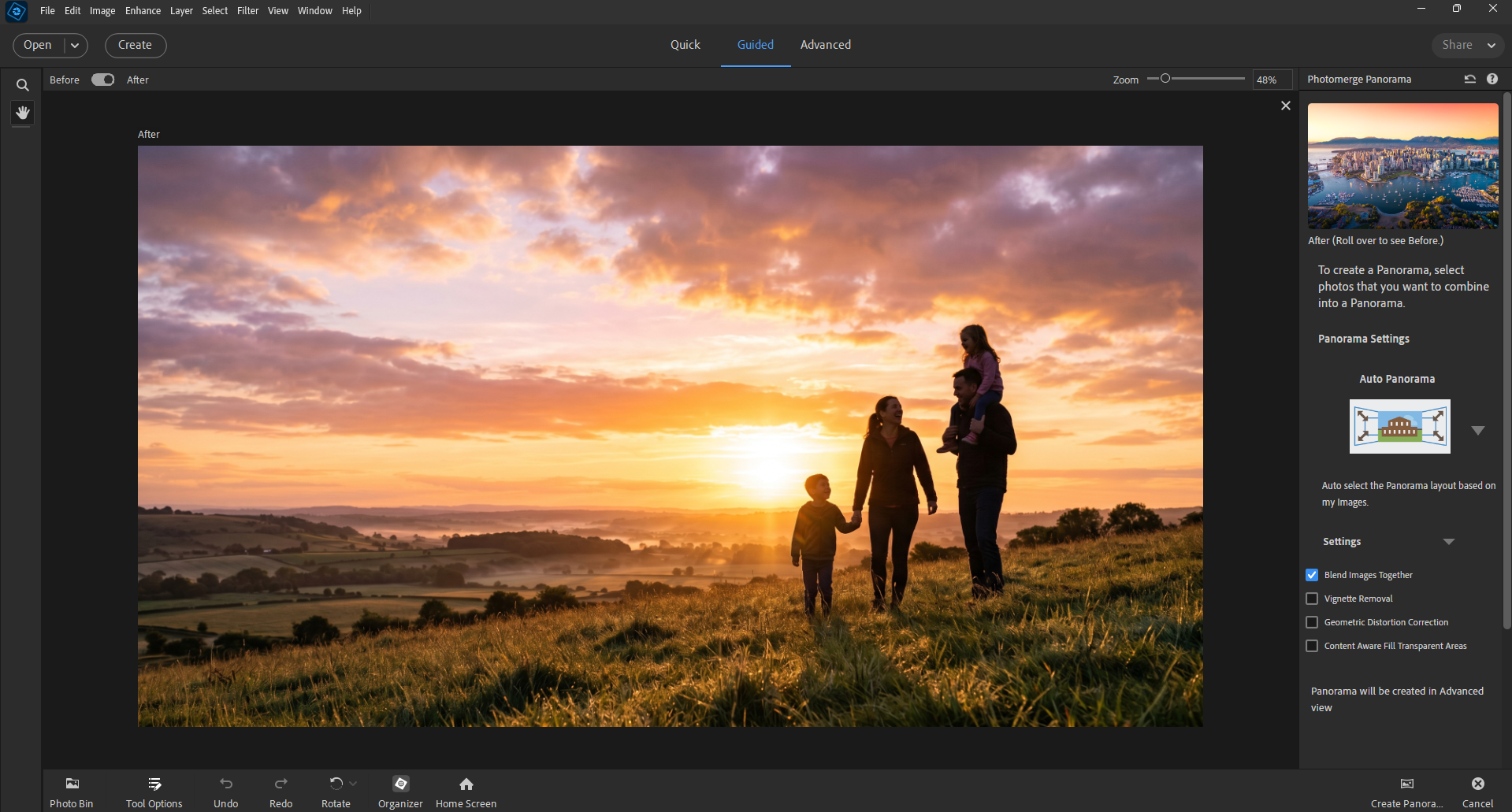Photomerge Panorama Guided panel in Photoshop Elements